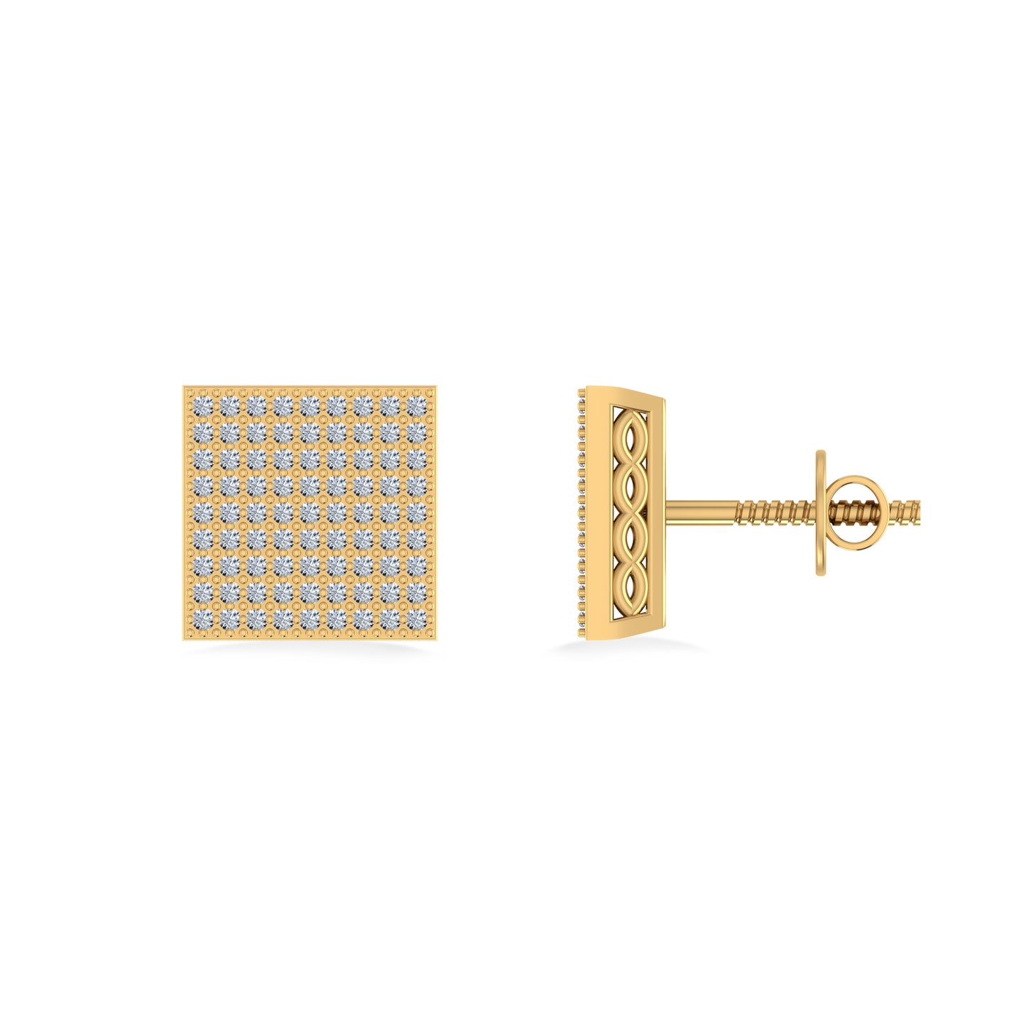 10K Yellow Gold Round Diamond Square Shape Designer Mens Stud Earring 3/8 Cttw