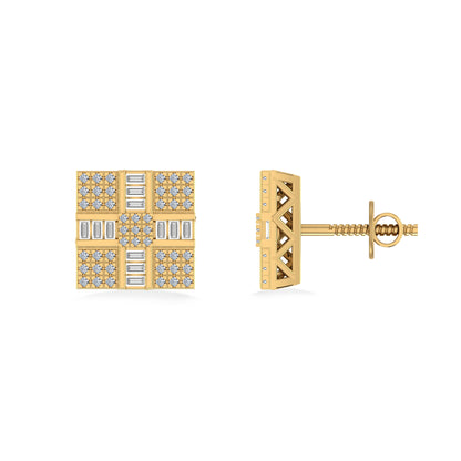 10K Yellow Gold Round Baguette Diamond Square Shape Designer Mens Stud Earring 1/3 Cttw