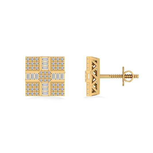 10K Yellow Gold Round Baguette Diamond Square Shape Designer Mens Stud Earring 1/3 Cttw