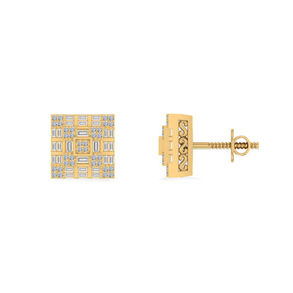 10K Yellow Gold Round Baguette Diamond Square Shape Designer Mens Stud Earring 3/8 Cttw