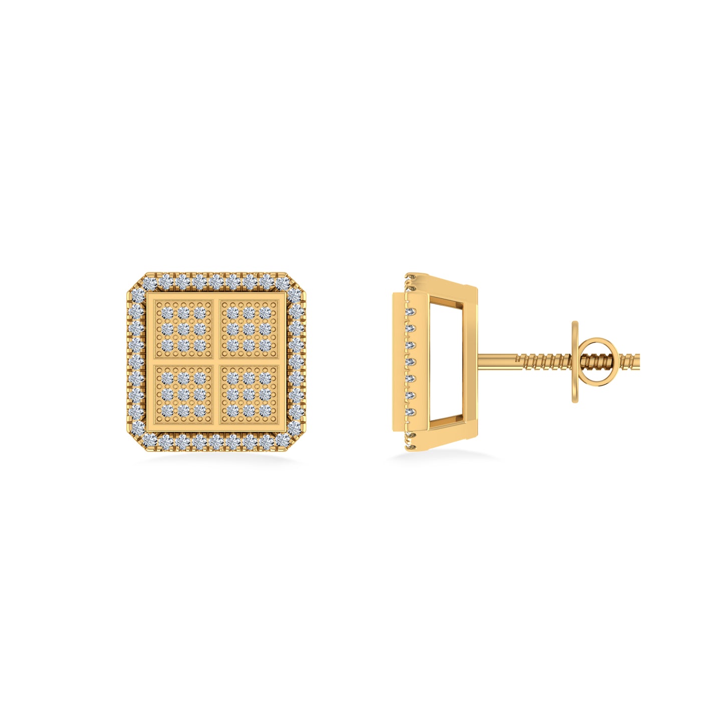 10K Yellow Gold Round Baguette Diamond Square Shape Designer Mens Stud Earring 1/5 Cttw