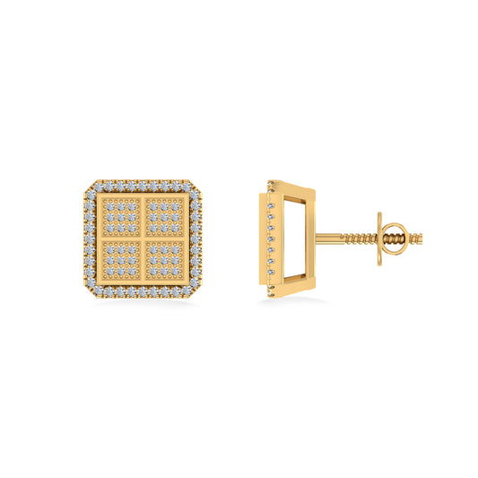 10K Yellow Gold Round Baguette Diamond Square Shape Designer Mens Stud Earring 1/5 Cttw