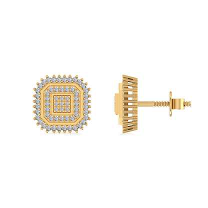 10K Yellow Gold Round Diamond Square Shape Designer Mens Stud Earring 1/5 Cttw