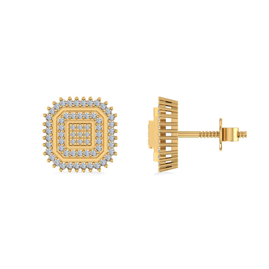10K Yellow Gold Round Diamond Square Shape Designer Mens Stud Earring 1/5 Cttw