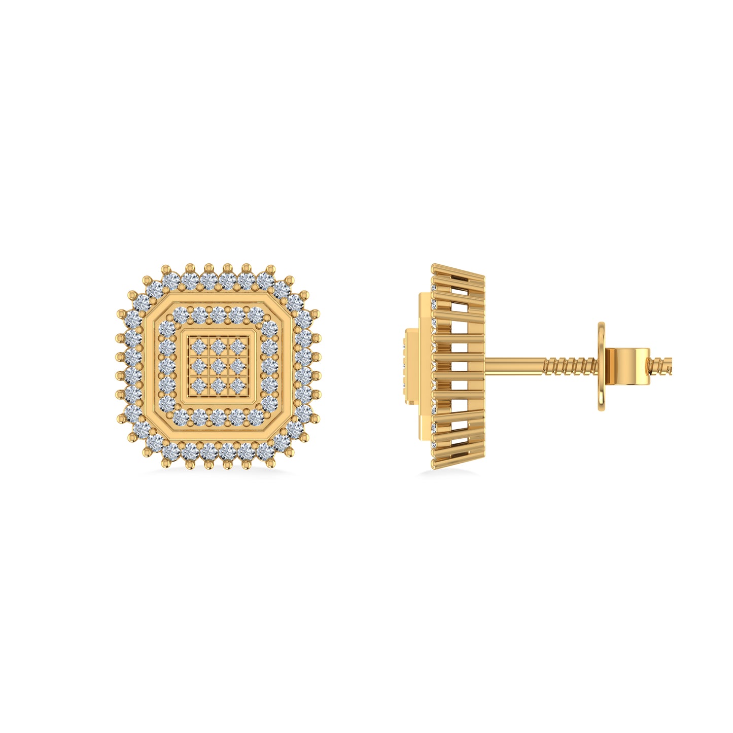 10K Yellow Gold Round Diamond Square Shape Designer Mens Stud Earring 1/5 Cttw