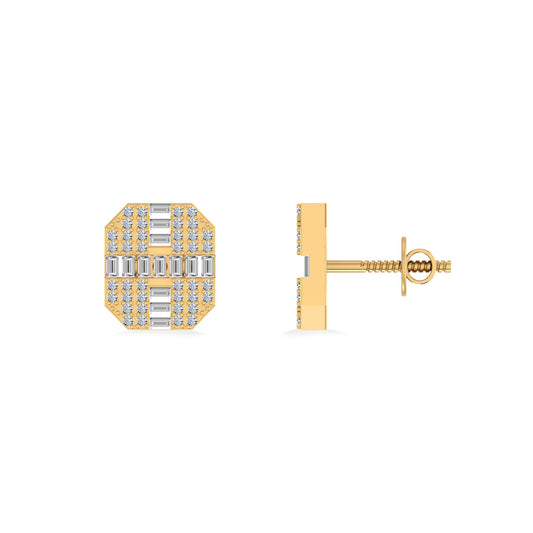 10K Yellow Gold Round Baguette Diamond Designer Mens Stud Earring 1/3 Cttw