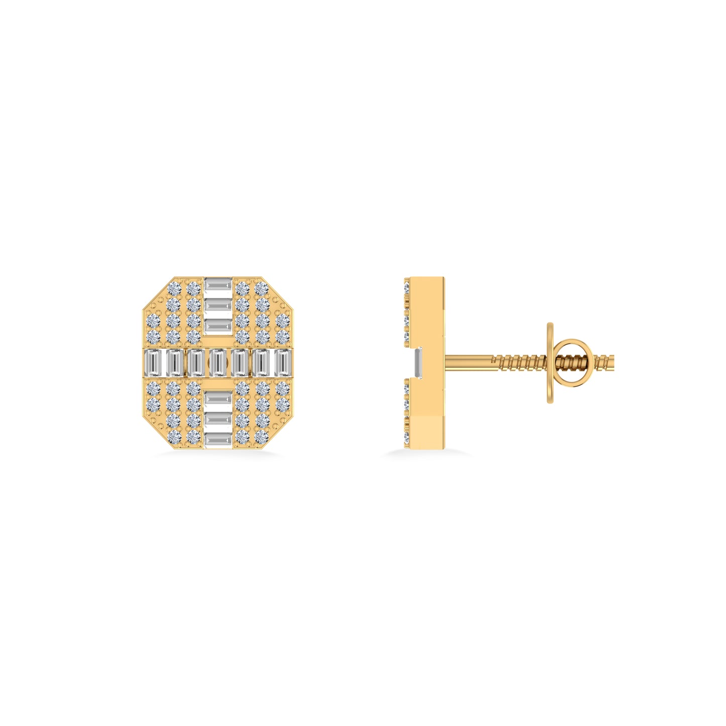 10K Yellow Gold Round Baguette Diamond Designer Mens Stud Earring 1/3 CT
