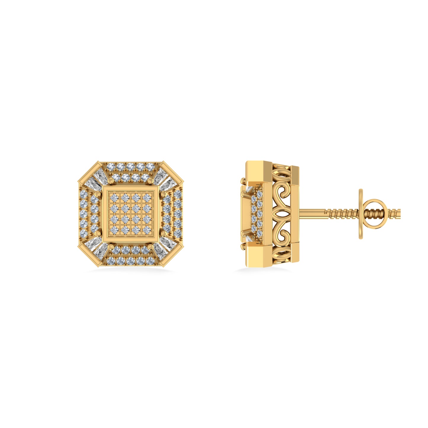 10K Yellow Gold Round Baguette Diamond Designer Mens Stud Earring 1/4 Cttw
