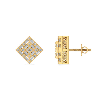 10K Yellow Gold Round Baguette Diamond Square Shape Designer Mens Stud Earring 1/3 Cttw