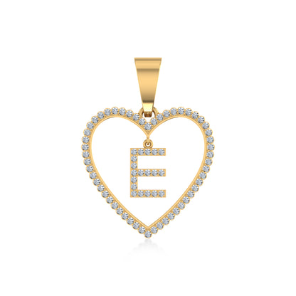 10K yellow gold E initial diamond pendant in a heart shape with sparkling diamonds