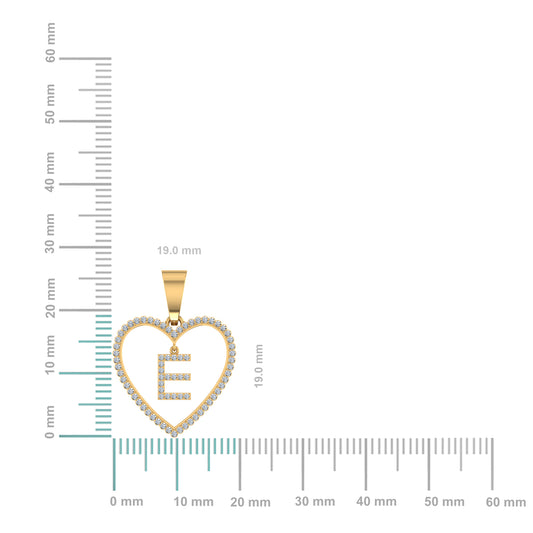 10K yellow gold E initial diamond pendant with a heart design and sparkling diamond embellishments