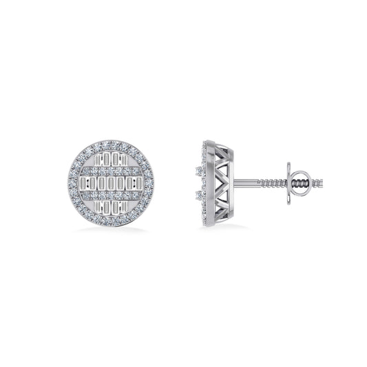 10K White Gold Round Baguette Diamond Designer Mens Stud Earring 3/8 Cttw