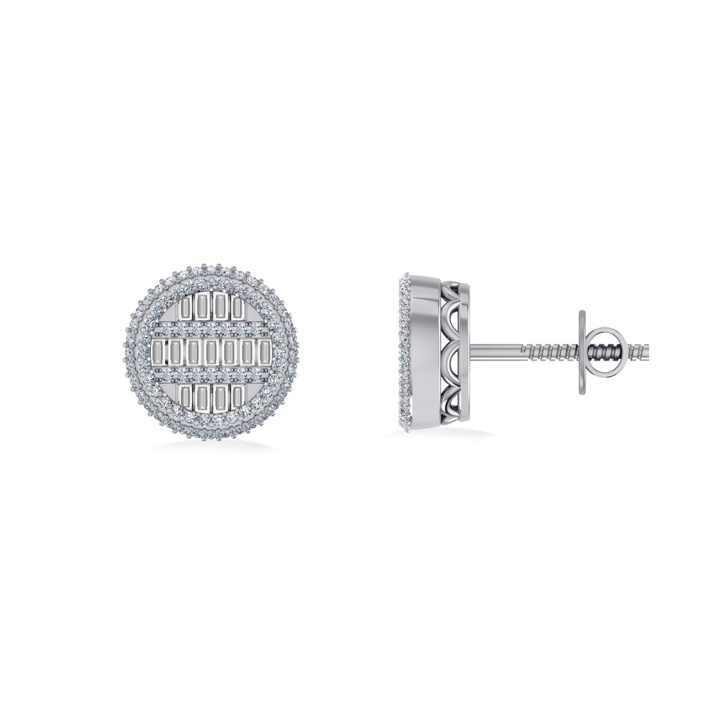 10K White Gold Round Baguette Diamond Designer Mens Stud Earring 1/3 CT