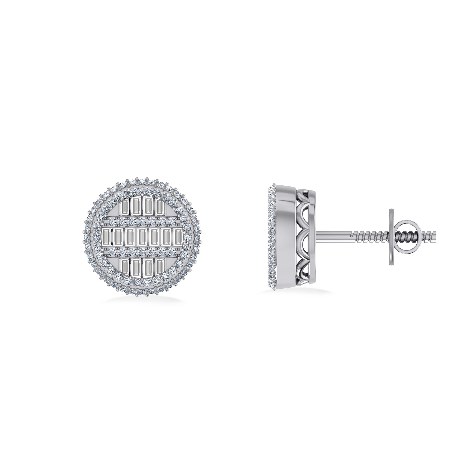 10K White Gold Round Baguette Diamond Designer Mens Stud Earring 1/3 CT