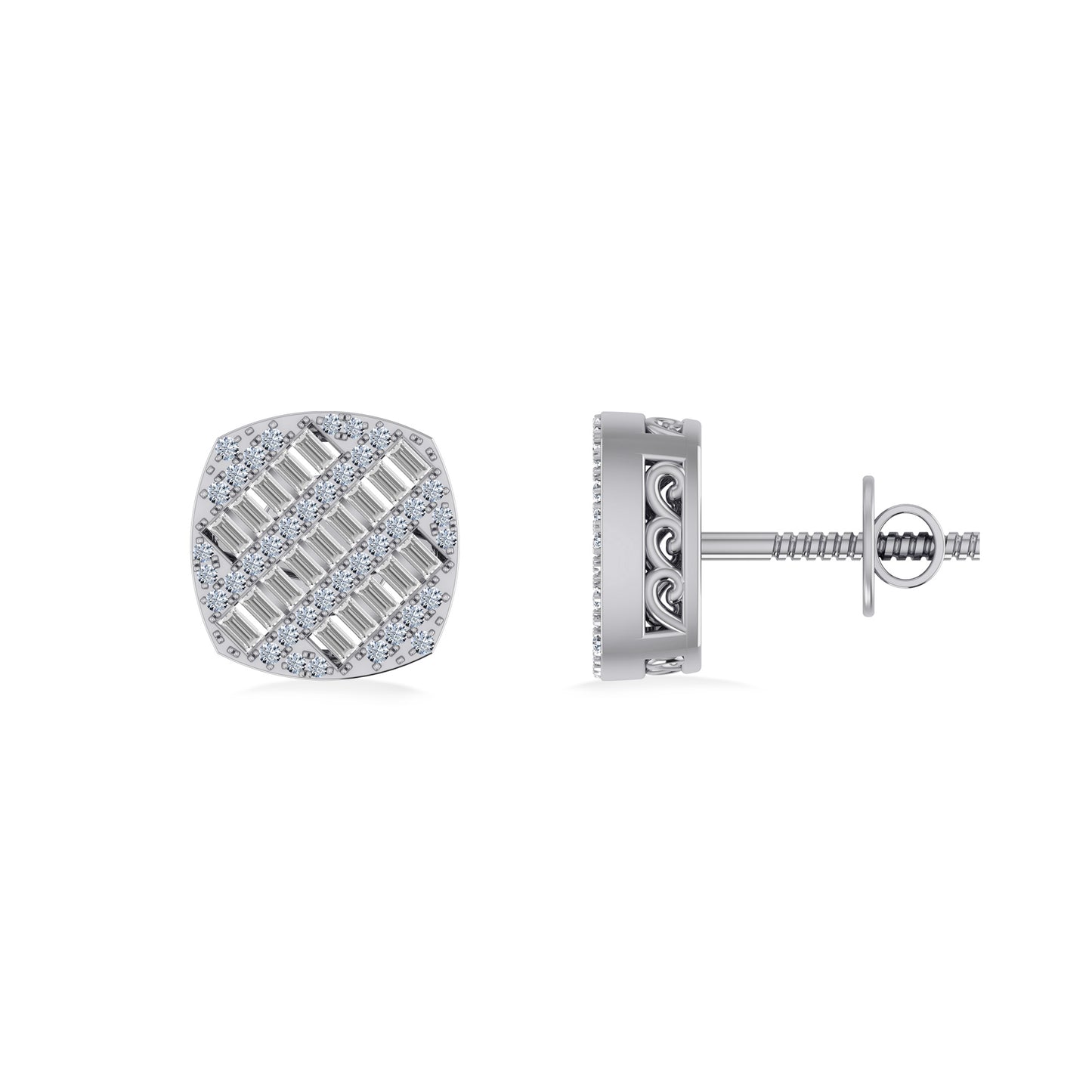 10K White Gold Round Baguette Diamond Square Shape Designer Mens Stud Earring 1/3 Cttw