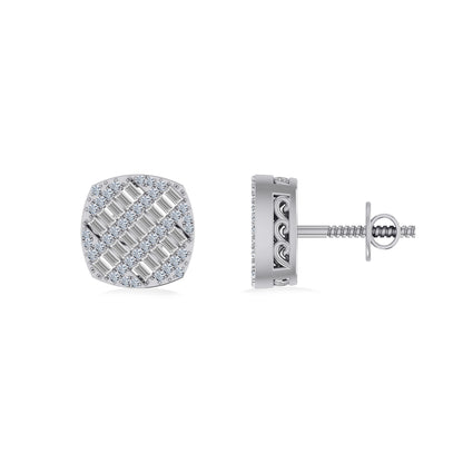 Men's white gold diamond stud earring featuring a unique pattern with round and baguette diamonds