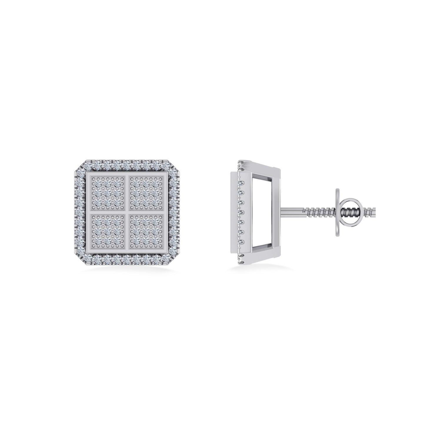 10K White Gold Round Baguette Diamond Square Shape Designer Mens Stud Earring 1/5 Cttw