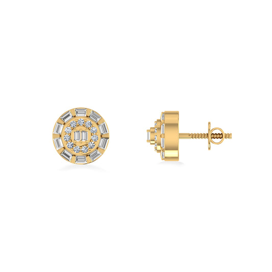 10K Yellow Gold Round Baguette Diamond Designer Earring 1/4 Cttw