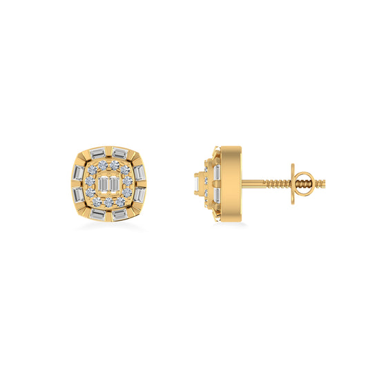 10K Yellow Gold Round Baguette Diamond Square Designer Earring 1/4 Cttw