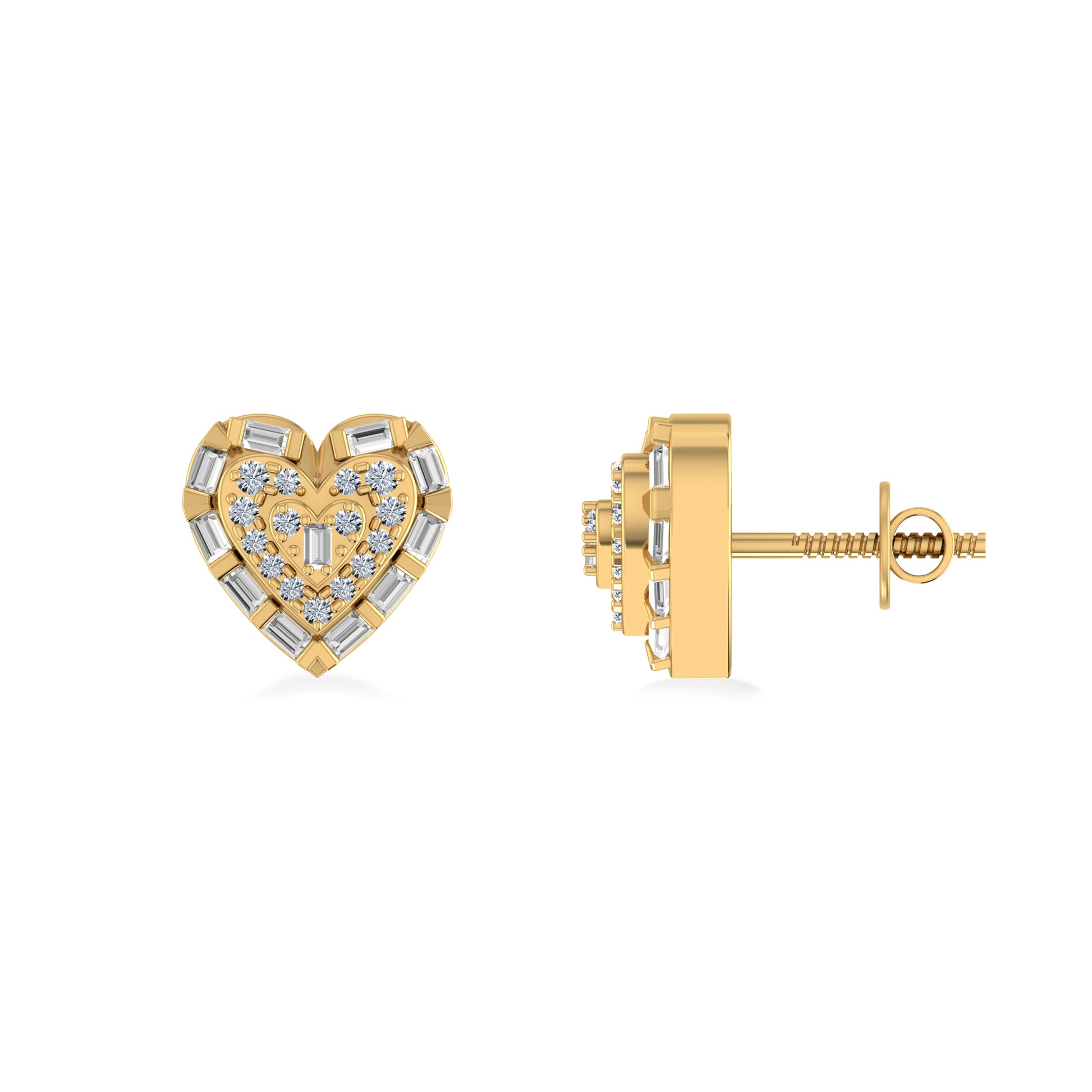 10K Yellow Gold Round Baguette Diamond Heart Designer Earring 1/4 CT