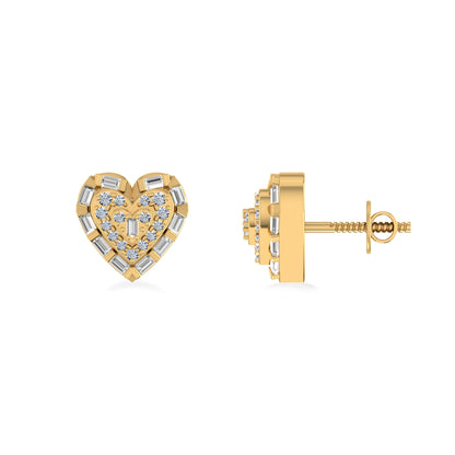 10K Yellow Gold Round Baguette Diamond Heart Designer Earring 1/4 Cttw