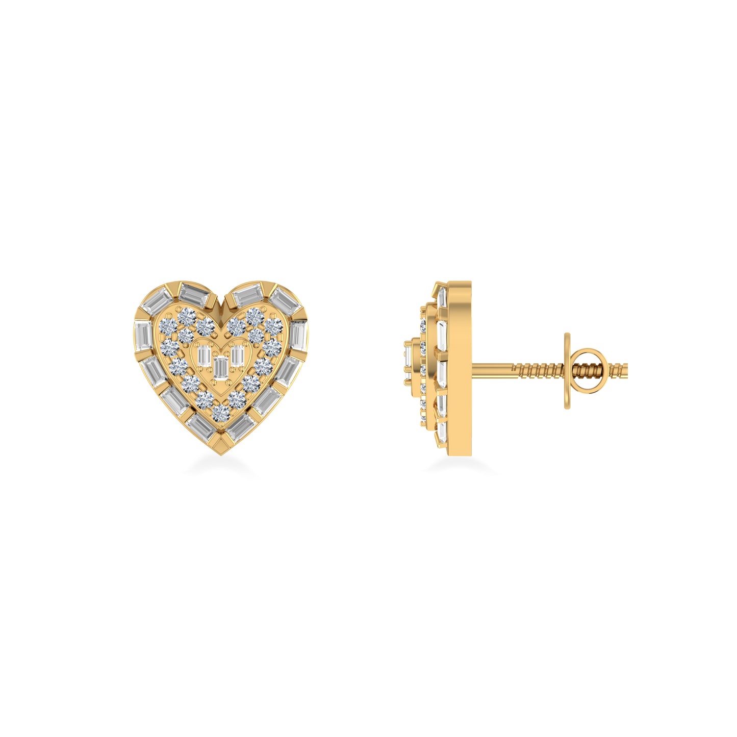10K Yellow Gold Round Baguette Diamond Heart Designer Earring 5/8 Cttw