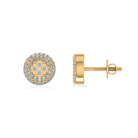 10K Yellow Gold Round Baguette Diamond Halo Designer Earring 1/4 Cttw