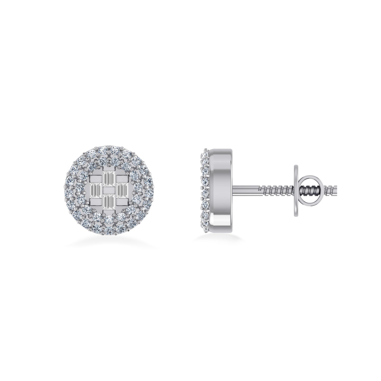 10K White Gold Round Baguette Diamond Halo Designer Earring 1/4 Cttw