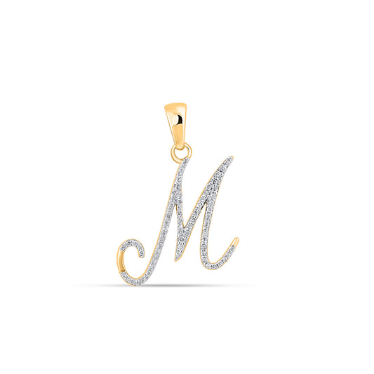 10K Yellow Gold Round Diamond M Letter Initial Pendant 1/8 Cttw with Sparkling Diamonds