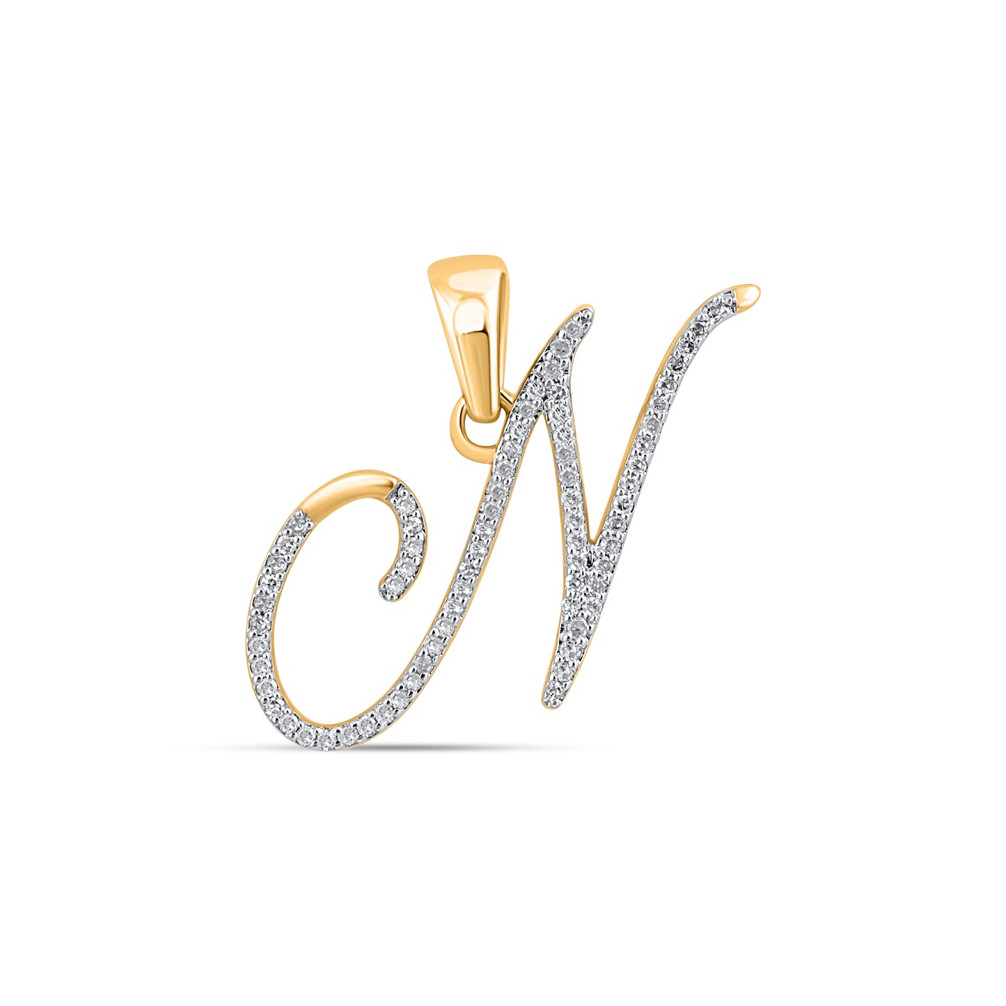 10K Yellow Gold Round Diamond N Letter Initial Pendant 1/8 Cttw