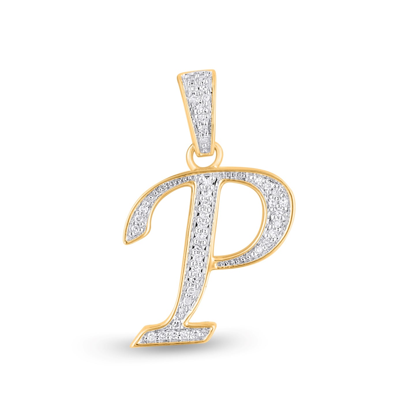 10K Yellow Gold Round Diamond P Letter Initial Pendant 1/10 Cttw
