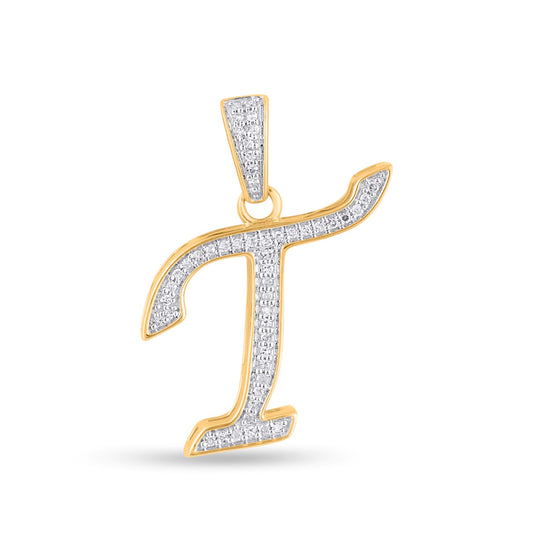 10K Yellow Gold Round Diamond T Letter Initial Pendant 1/10 Cttw