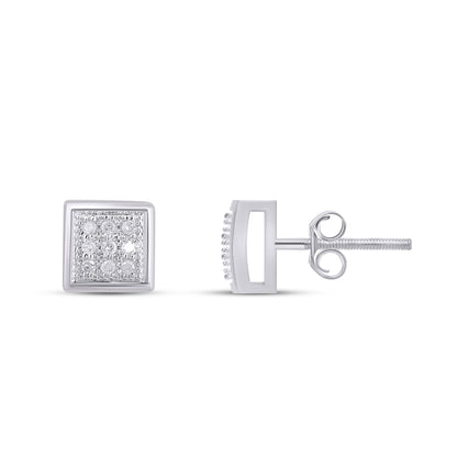 Elegant 10K white gold diamond stud earrings with a square design, featuring multiple sparkling diamonds.