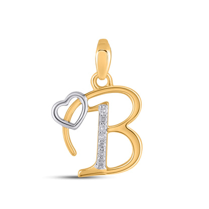 10k yellow gold B initial diamond pendant with heart detail and sparkling diamonds