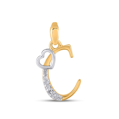 10K yellow gold C initial pendant with a heart detail and sparkling diamonds