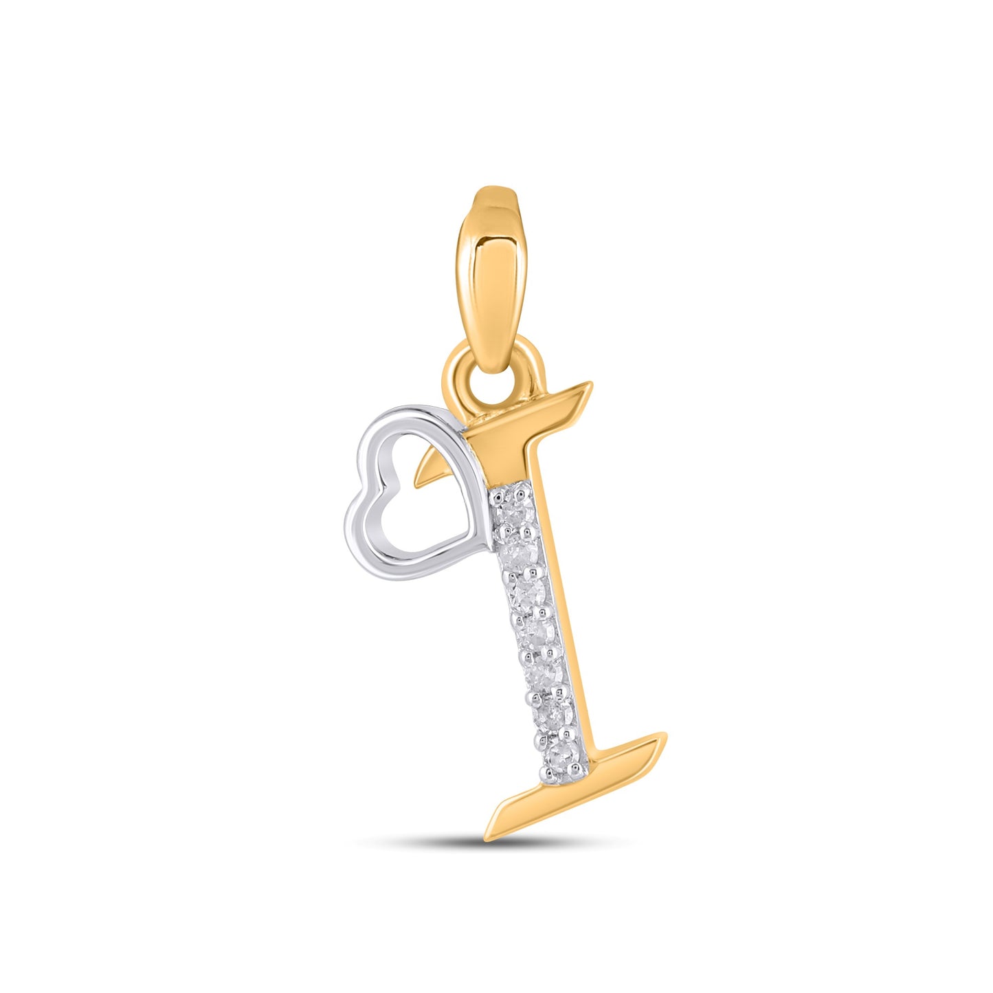10K Yellow Gold Round Diamond I Letter Initial With Heart Pendant 1/10 Cttw