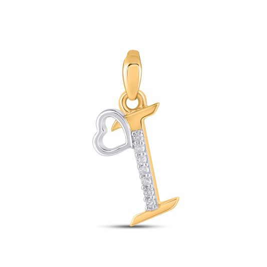 10K Yellow Gold Round Diamond I Letter Initial With Heart Pendant 1/10 Cttw