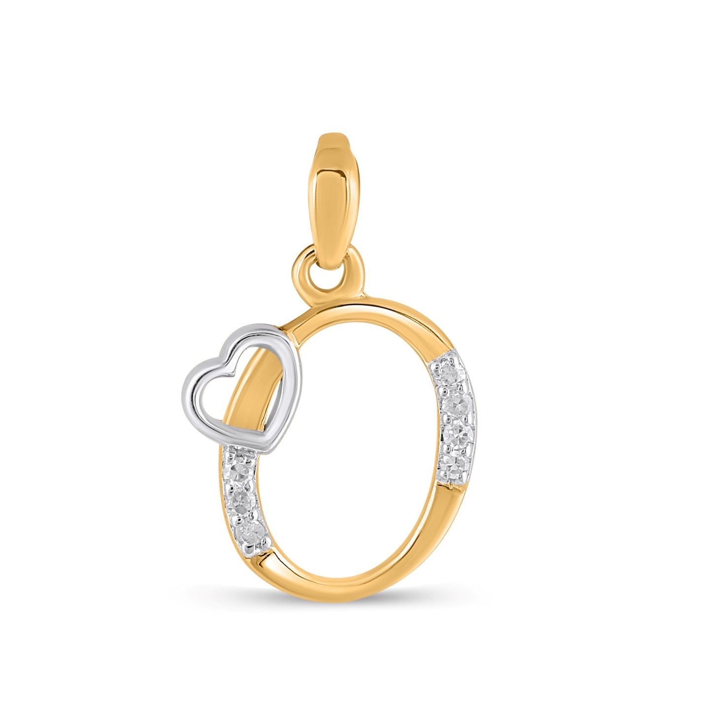 10K Yellow Gold Round Diamond O Letter Initial With Heart Pendant 1/10 Cttw