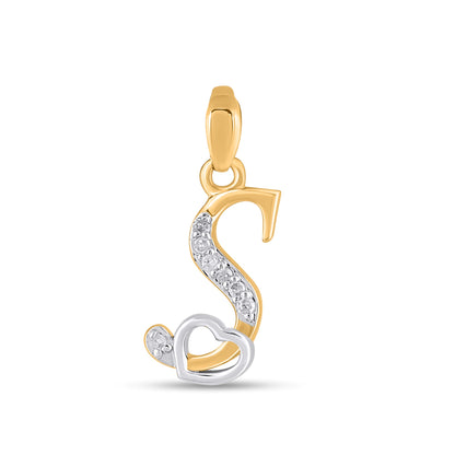 10K gold S initial diamond pendant with a heart design and sparkling diamonds