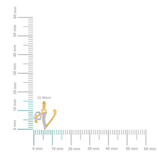 10K Yellow Gold Round Diamond V Letter Initial With Heart Pendant 1/10 Cttw