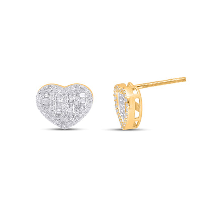 10K Yellow Gold Round Baguette Diamond Heart Earring 1/3 Cttw