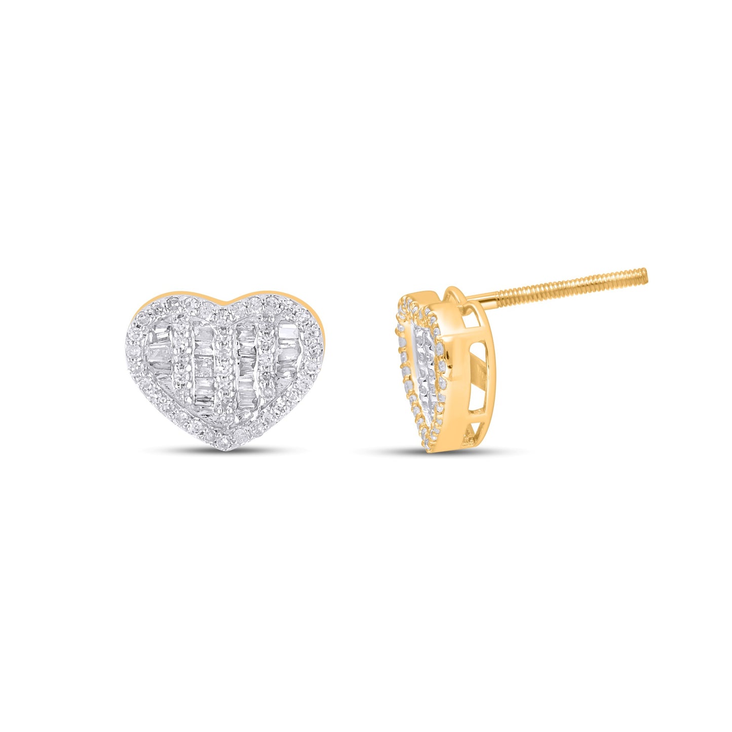 10K Yellow Gold Round Baguette Diamond Heart Earring 1/3 Cttw