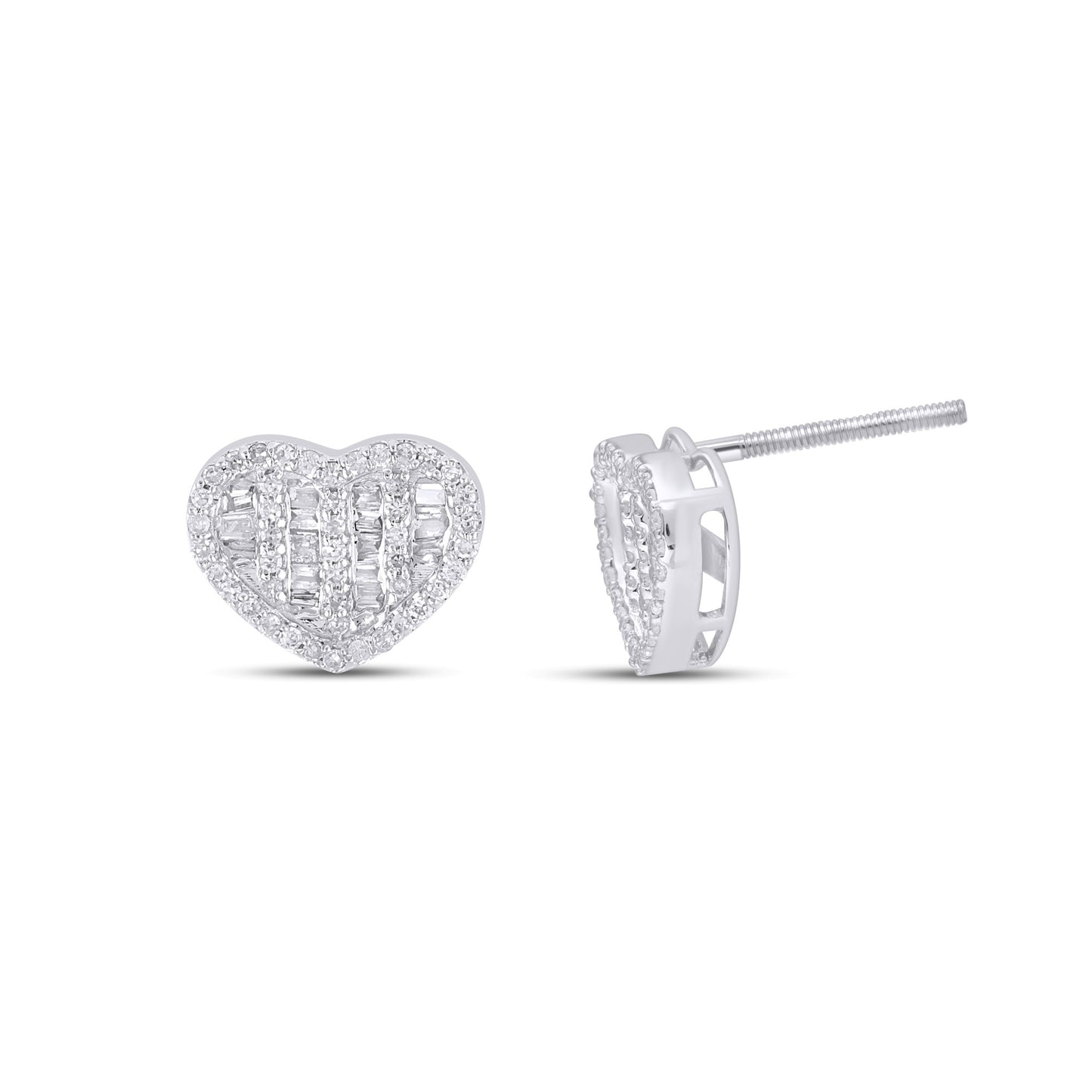 10K White Gold Round Baguette Diamond Heart Earring 1/3 Cttw