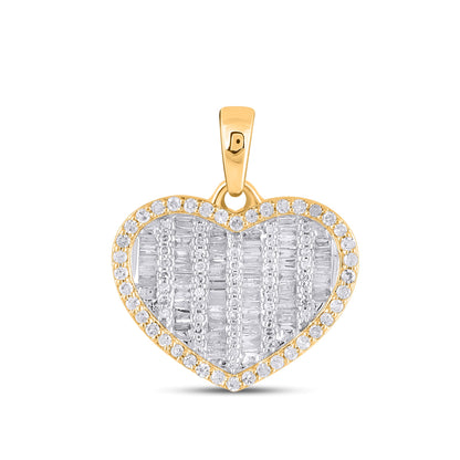 10K Yellow Gold Round Baguette Diamond Heart Pendant 1/2 Cttw