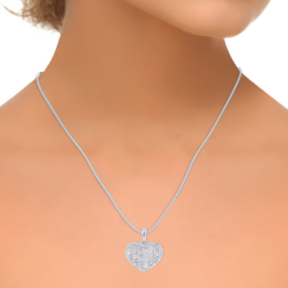 10K White Gold Round Baguette Diamond Heart Pendant 1/2 Cttw