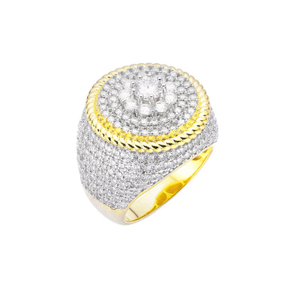 Elegant men's moissanite halo ring with sparkling stones and a stylish gold tone setting