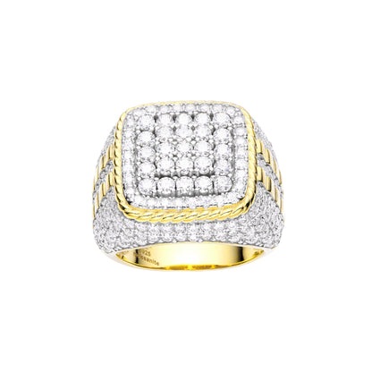 Stylish men's sterling silver moissanite ring with a square design and gold accents.