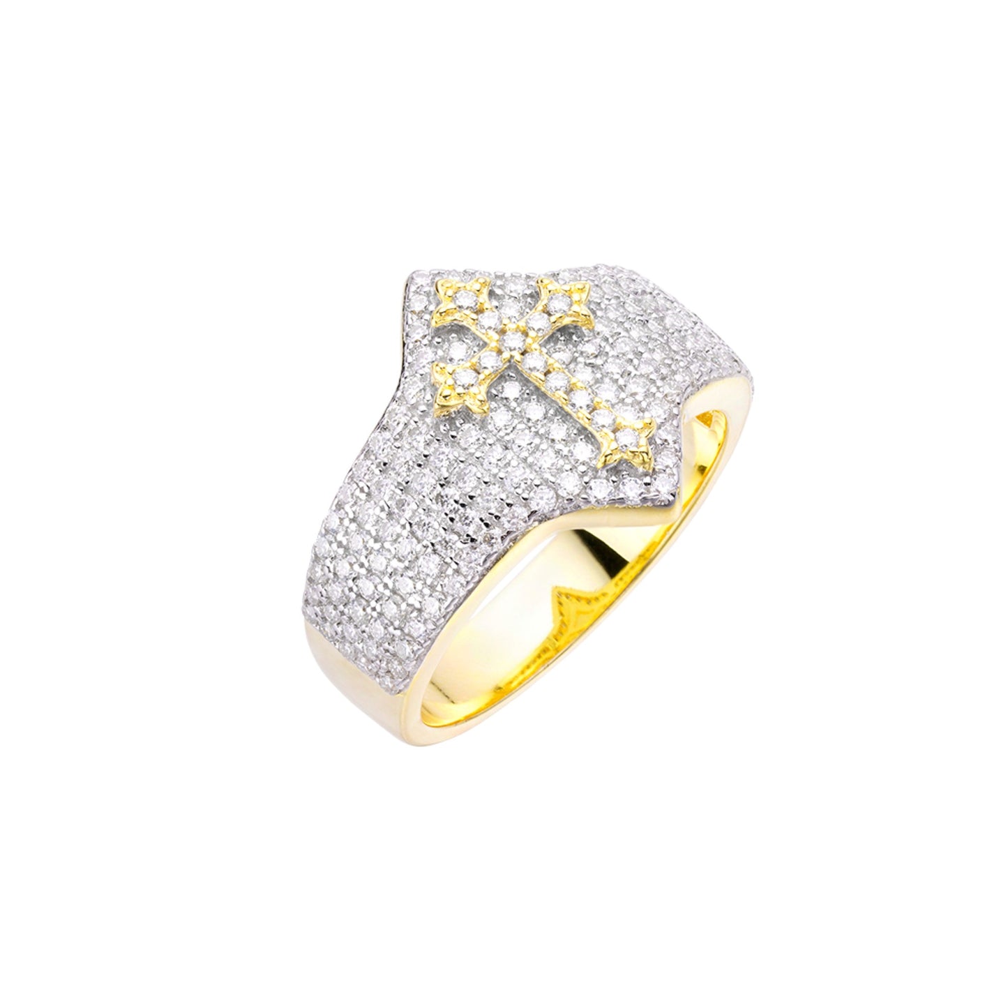 Sterling Silver Round Moissanite Cross Religious Sz 9 Mens Ring Rhodium Plated & Gold Plated 1-1/5 CT