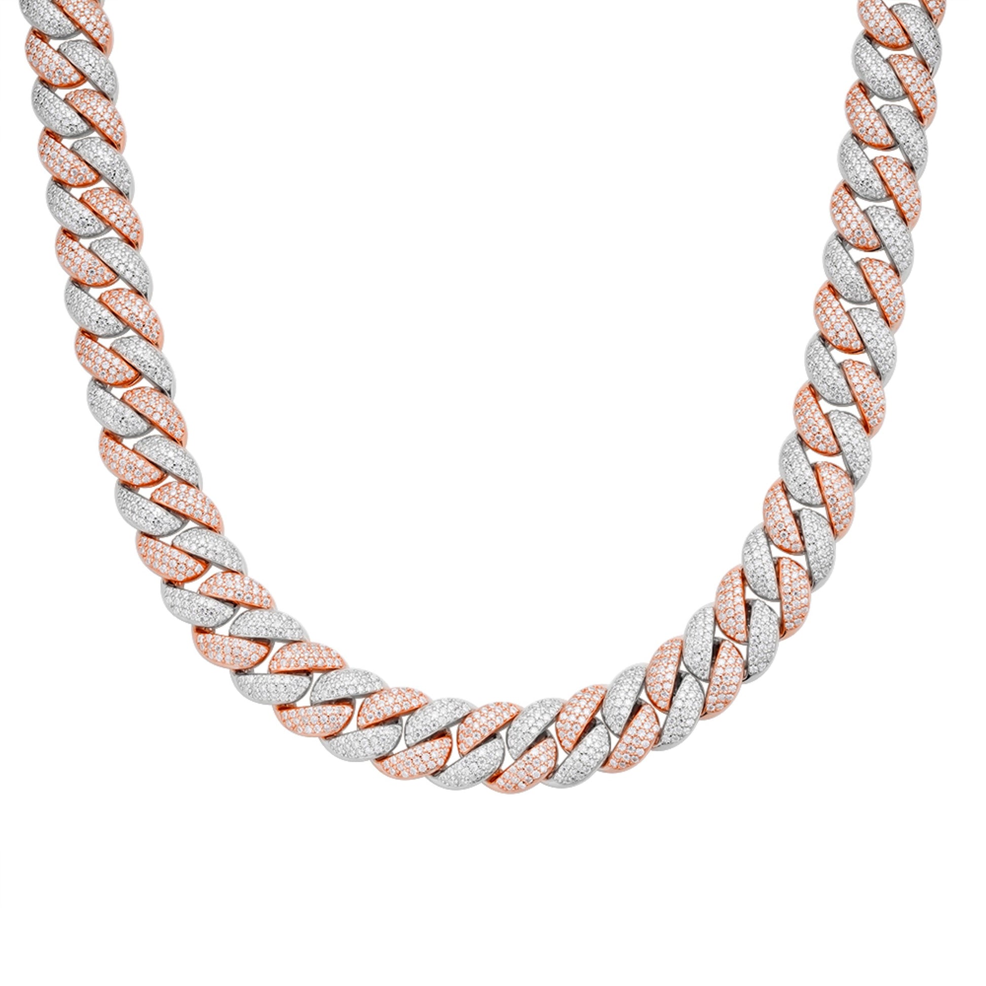Sterling Silver Moissanite 12Mm Cuban Chain 22 Inch Rose Gold Plated 19-5/8 CT