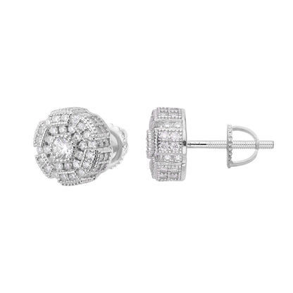 Elegant sterling silver moissanite stud earrings with a floral design and sparkling detail